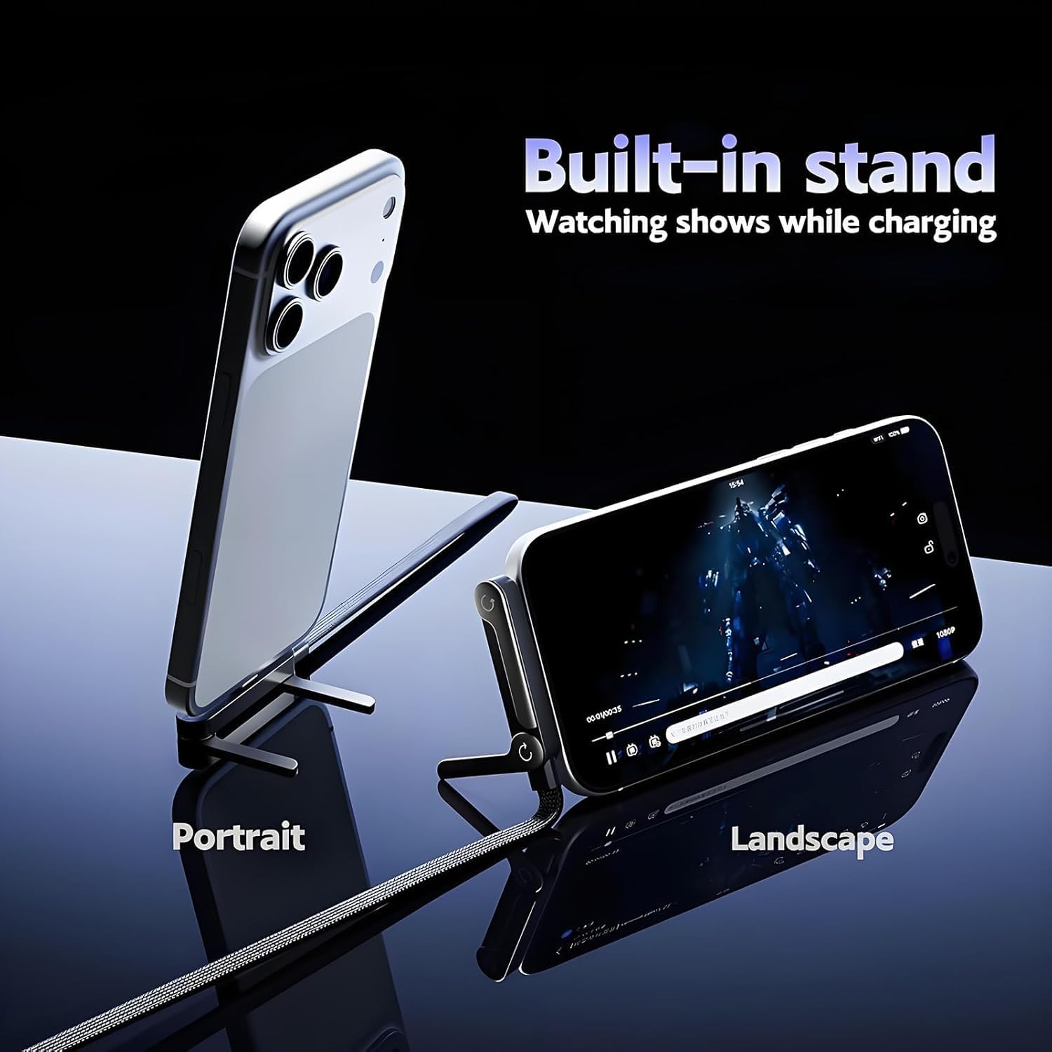 XYON 240W USB-C cable built-in foldable stand propping a smartphone in both portrait and landscape modes for hands-free watching while charging.