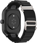 A black smartwatch with a matte black case and a black woven nylon strap featuring silver-toned metal hardware, shown on a plain white background.