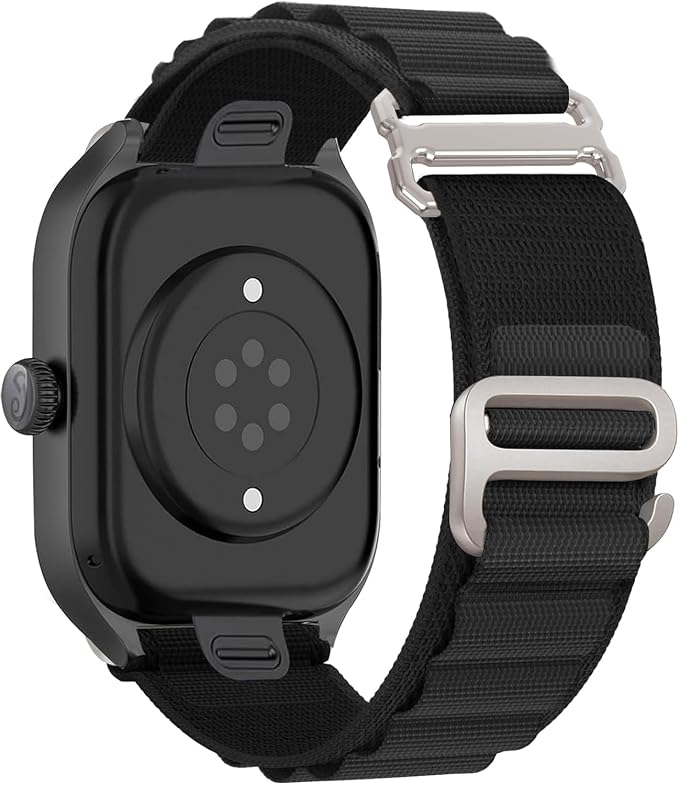 A black smartwatch with a matte black case and a black woven nylon strap featuring silver-toned metal hardware, shown on a plain white background.