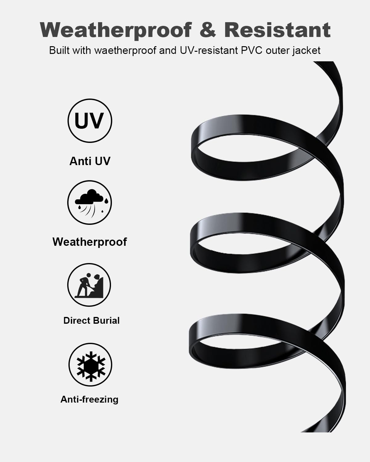 Black spiral cable with weatherproof and UV-resistant features on a white background