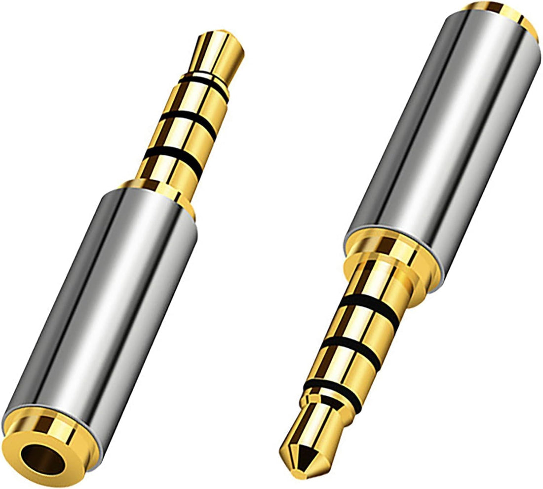 Two audio connectors, one gold and one silver, on a white background.