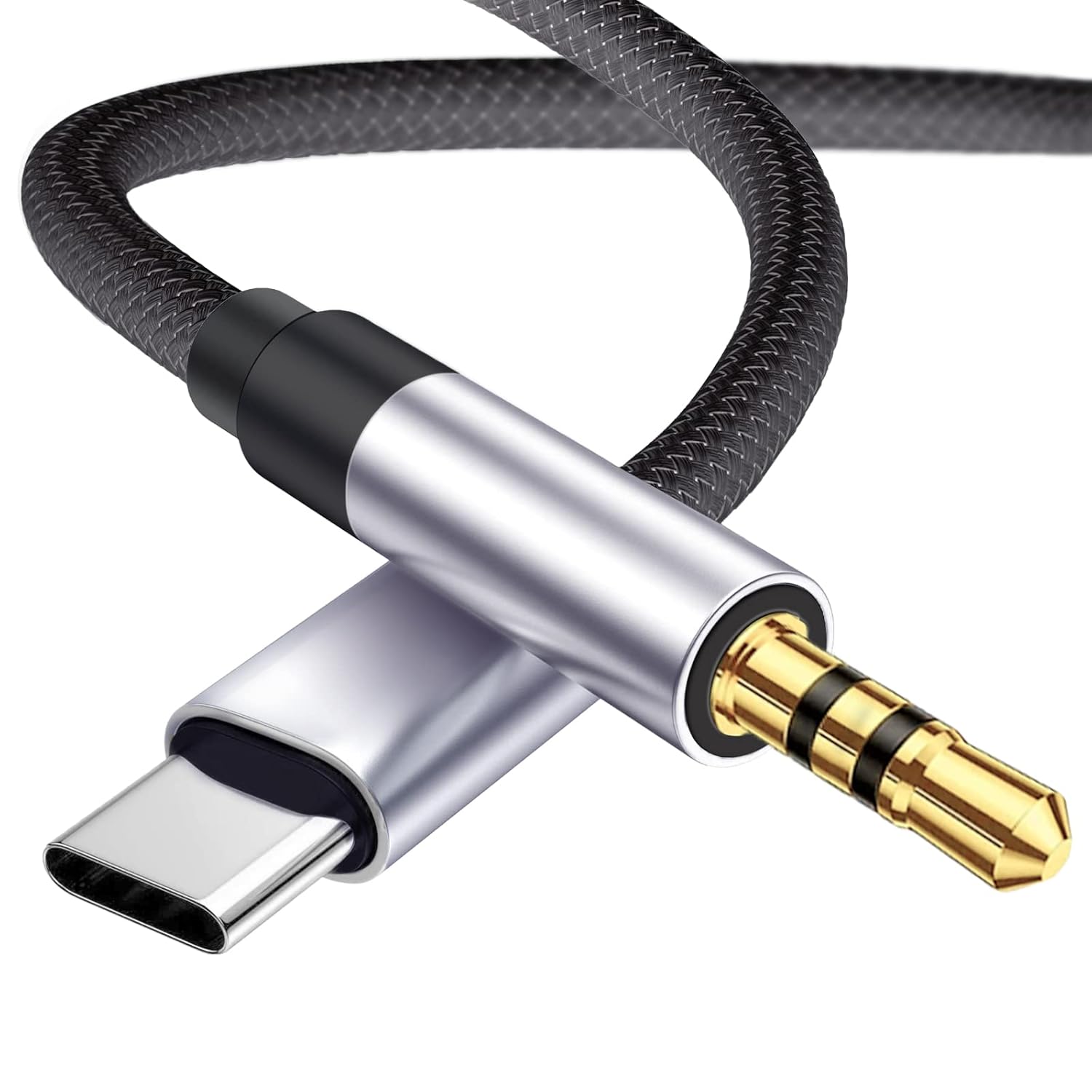 Multifunctional cable with USB-C, 3.5mm jack, and braided design on a white background