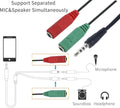 AXYON 3.5mm splitter cable diagram showing red, green jack labels for headphone and microphone ports
