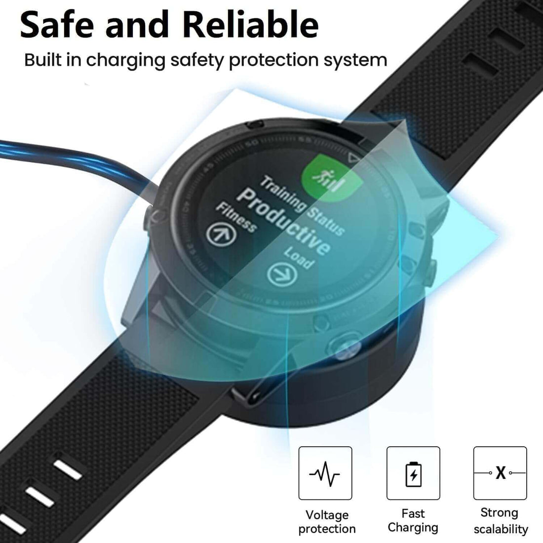 Black garmin smartwatch charging   USB cable with round connector on a white background-AXYON