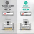Comparison diagram of Cat6A RJ45 connector maximum wire diameters: Traditional connector with 1.1mm maximum diameter versus Upgraded connector with 1.2mm maximum diameter. Technical cross-section and 3D views show internal wire channels with gold-plated contacts, demonstrating the upgraded design accommodates larger diameter Cat6A cables for improved performance and compatibility with thicker conductors.