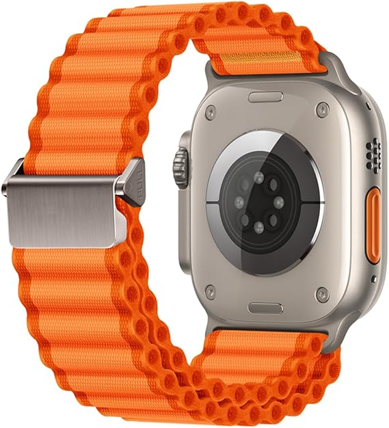 Orange corrugated nylon Apple Watch Ultra strap with silver hardware.
