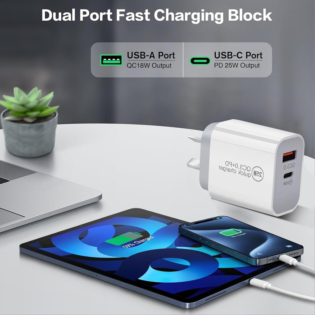 AXYON 25W dual-port wall charger with USB-C and USB-A ports featuring Adapter Fast Charging 3.0 technology on white background