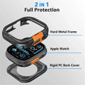 2-in-1 protective case for Apple Watch with hard metal frame and rigid PC back cover on a gray background.