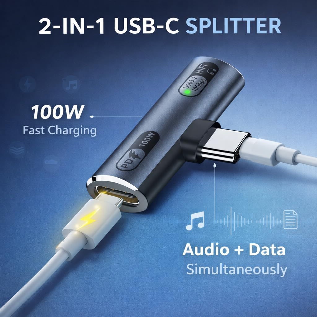 2-in-1 USB-C splitter with charging and audio/data functions on a blue background