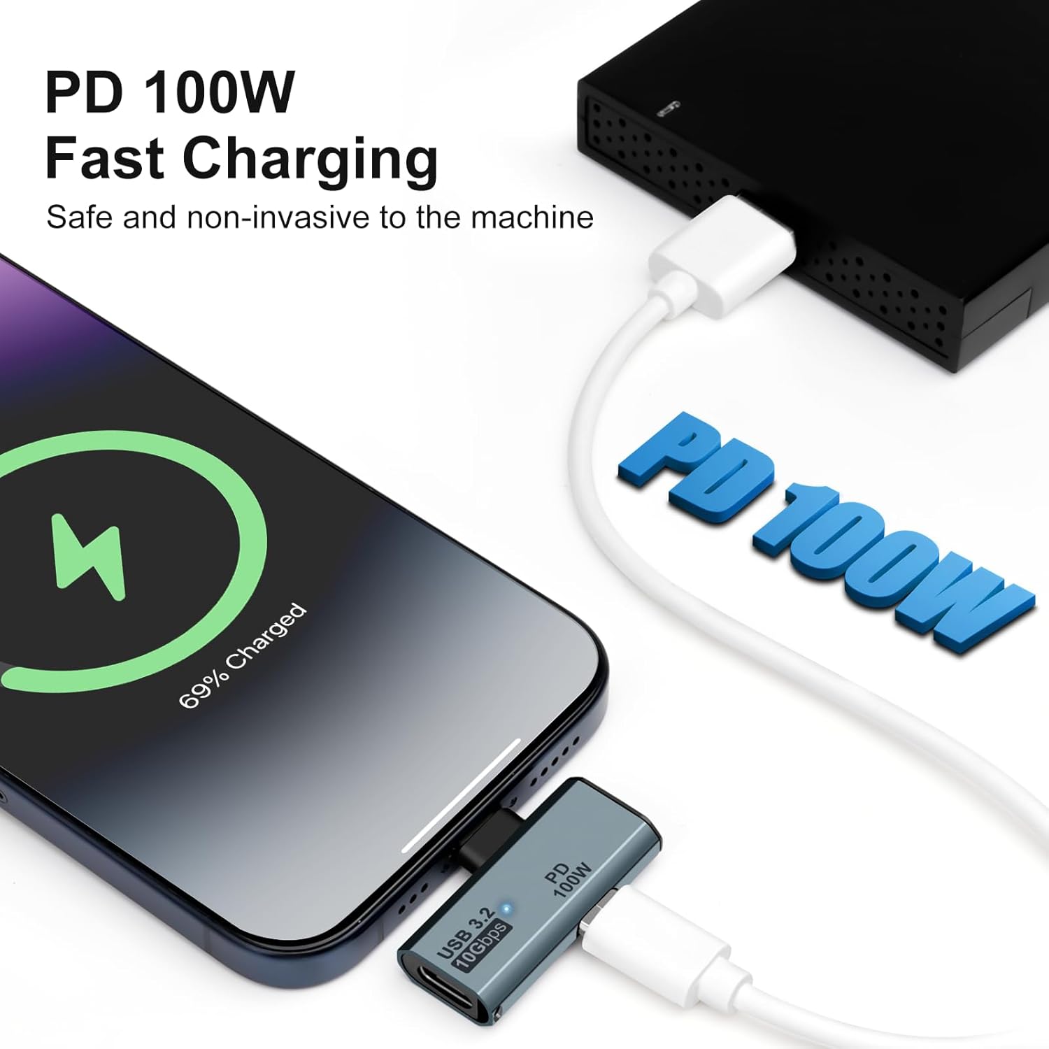 A USB-C hub adapter shown with a smartphone and a black electronic device on a white background, with text reading 'PD 100W Fast Charging' and 'Safe and non-invasive to the machine'.