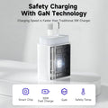 A white GaN technology fast charger with a transparent side window showing internal circuitry, displayed on a white surface with promotional text and feature icons at the bottom.