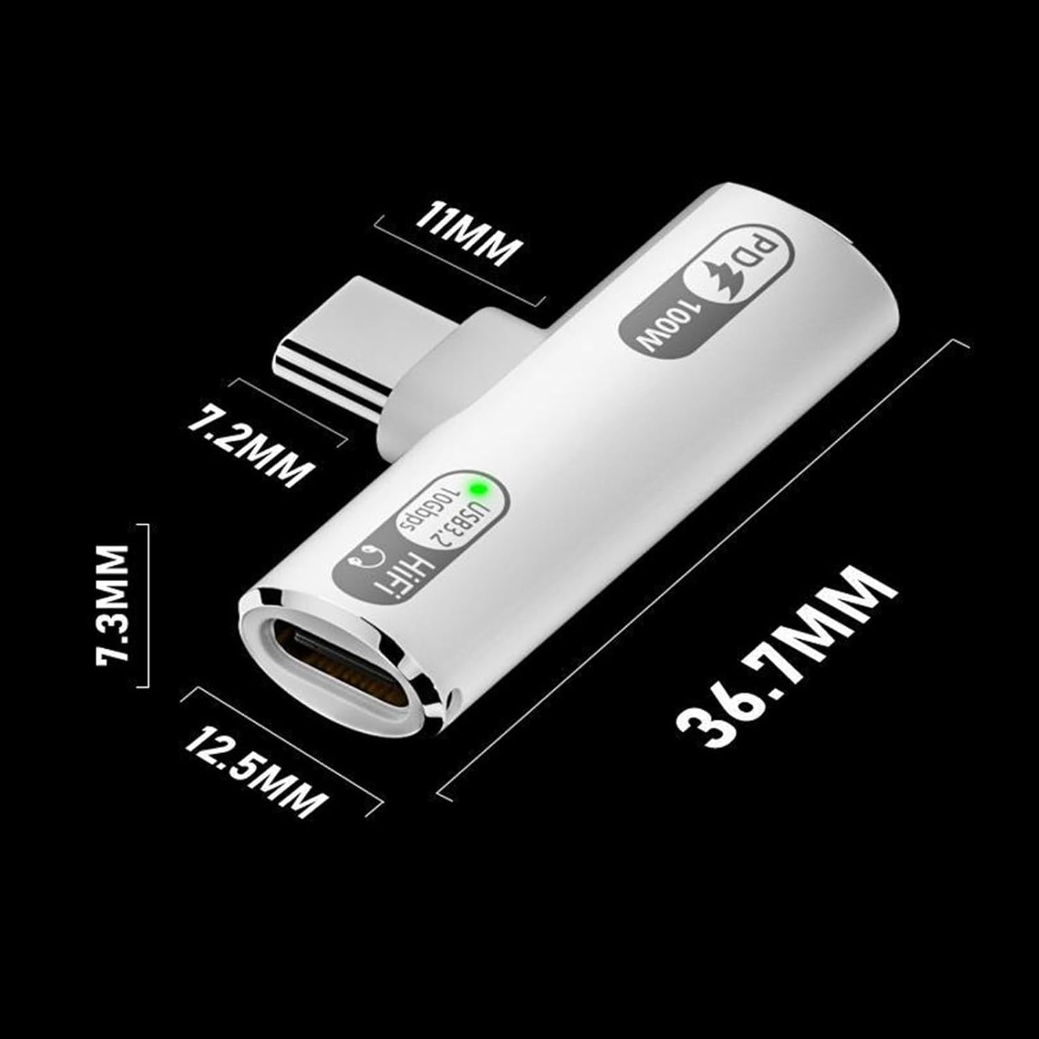 White electronic device with dimensions labeled on a black background