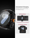 Black smartwatch with charging features on a white background