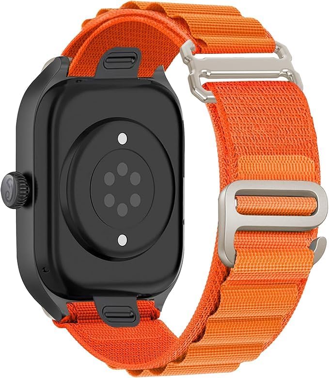 Rear view of a black smartwatch fitted with an orange AXYON Alpine Loop nylon strap and silver G-hook buckle.