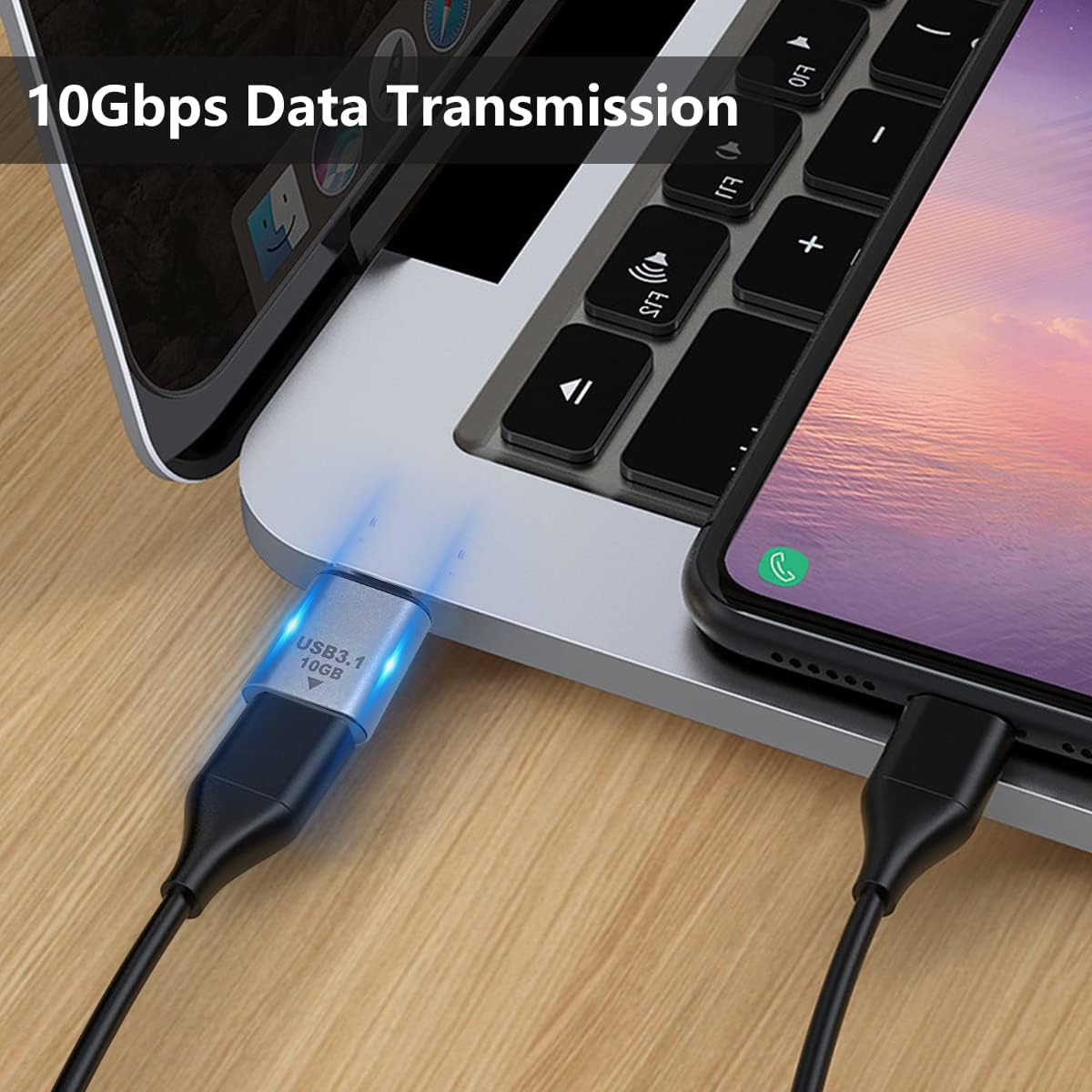 USB cable connecting a smartphone to a laptop with '10Gbps Data Transmission' text.