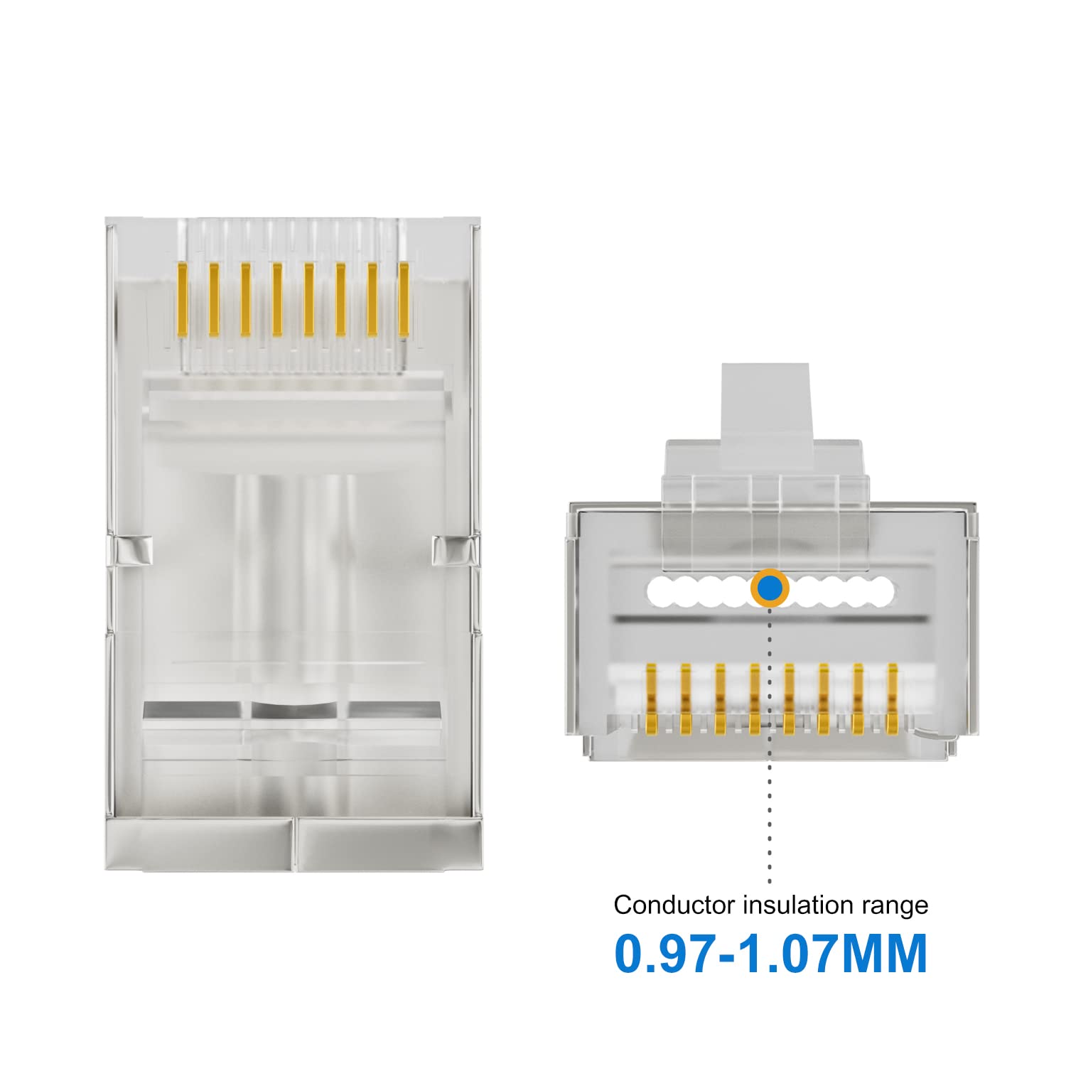 Technical specification diagram of AXYON Cat6 shielded FTP connector showing conductor insulation range of 0.97-1.07mm with gold-plated contacts and internal wire channel design
