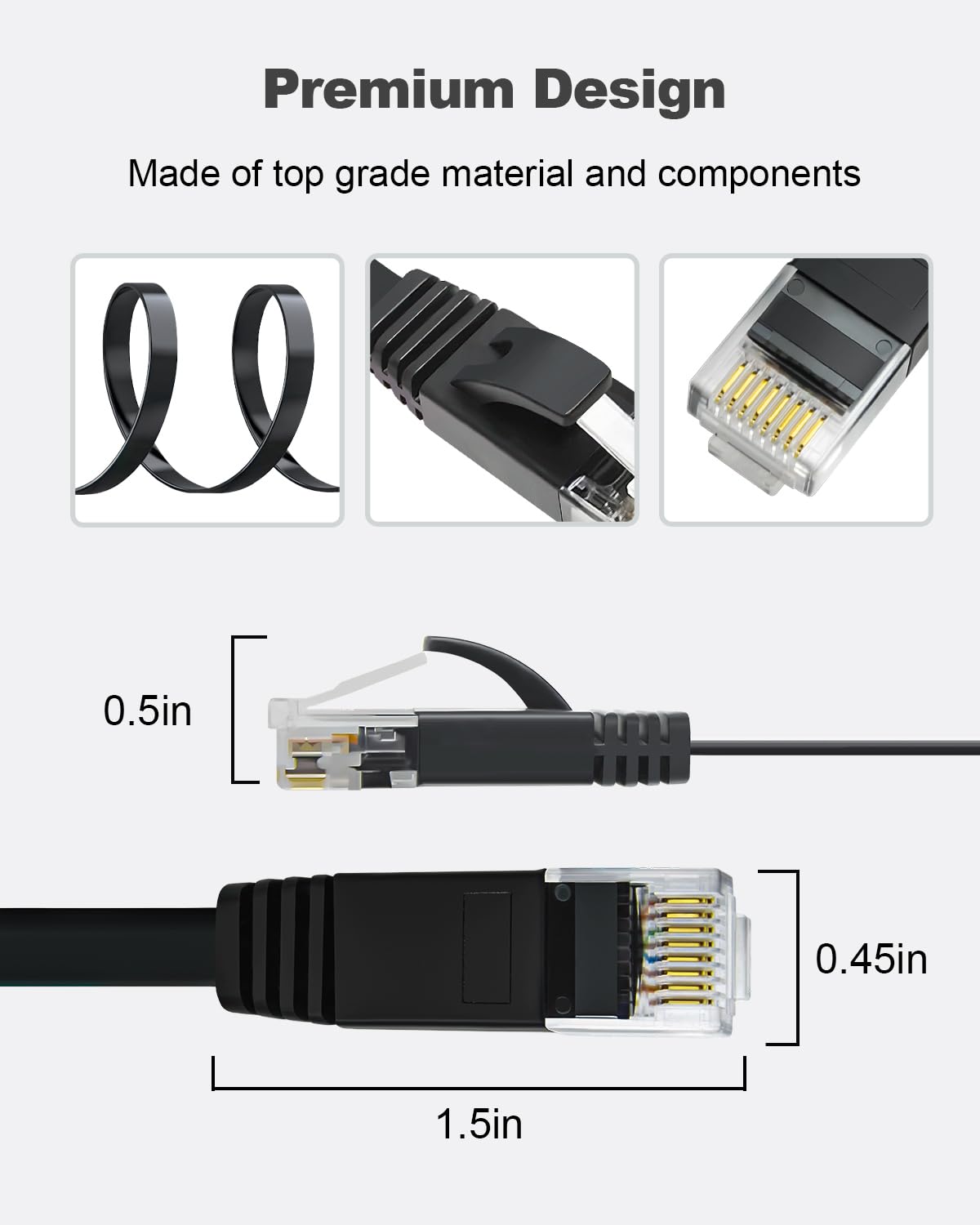 Ethernet cable with detailed views and measurements on a white background