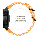 Orange watch strap with black hardware on a white background, showing size measurement.