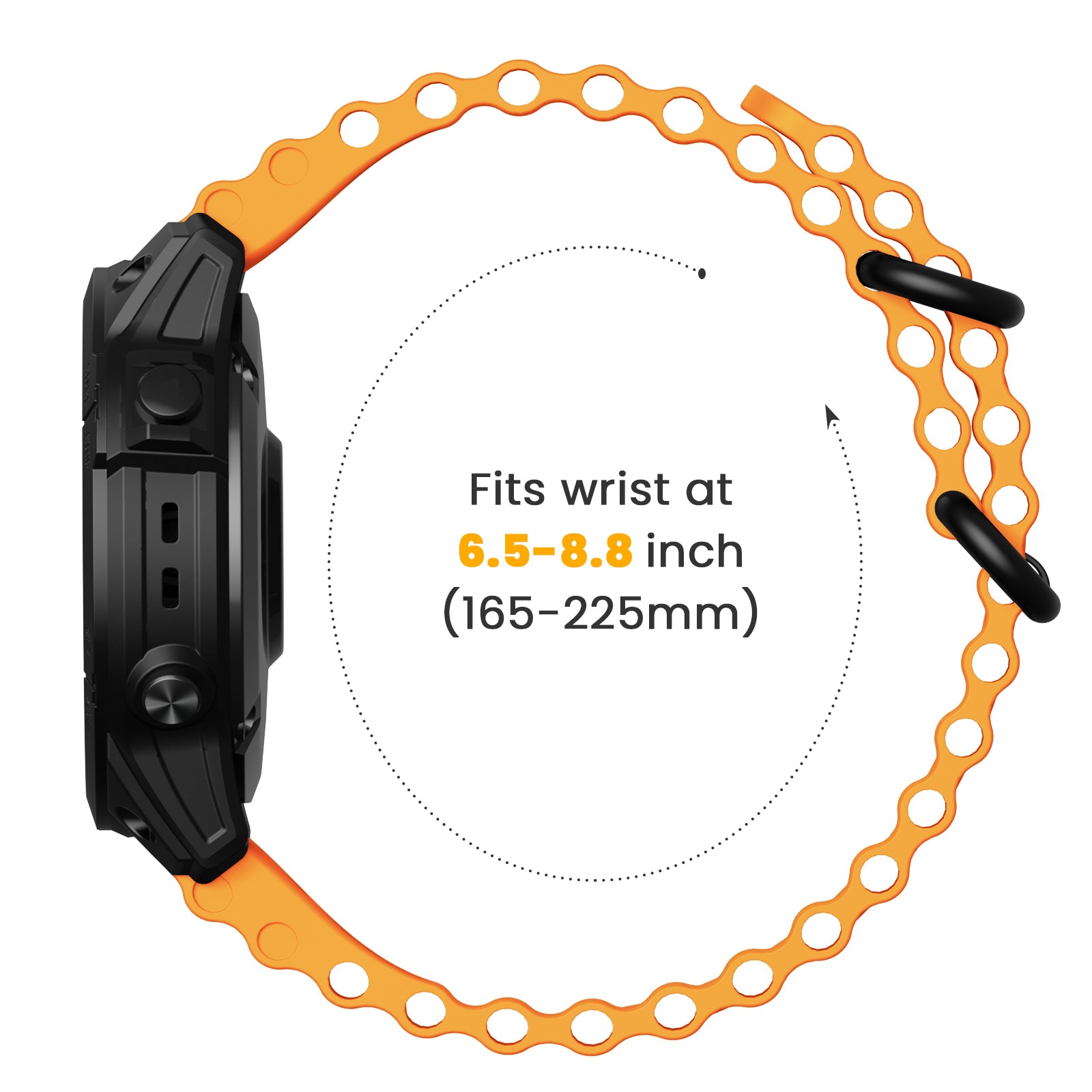 Orange watch strap with black hardware on a white background, showing size measurement.