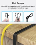 Flat cable design with text explaining its flexibility and ease of use, shown on a wooden surface.