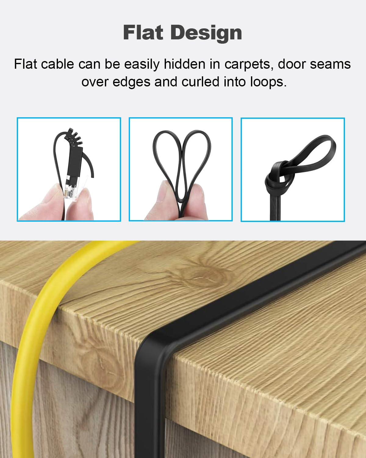 Flat cable design with text explaining its flexibility and ease of use, shown on a wooden surface.