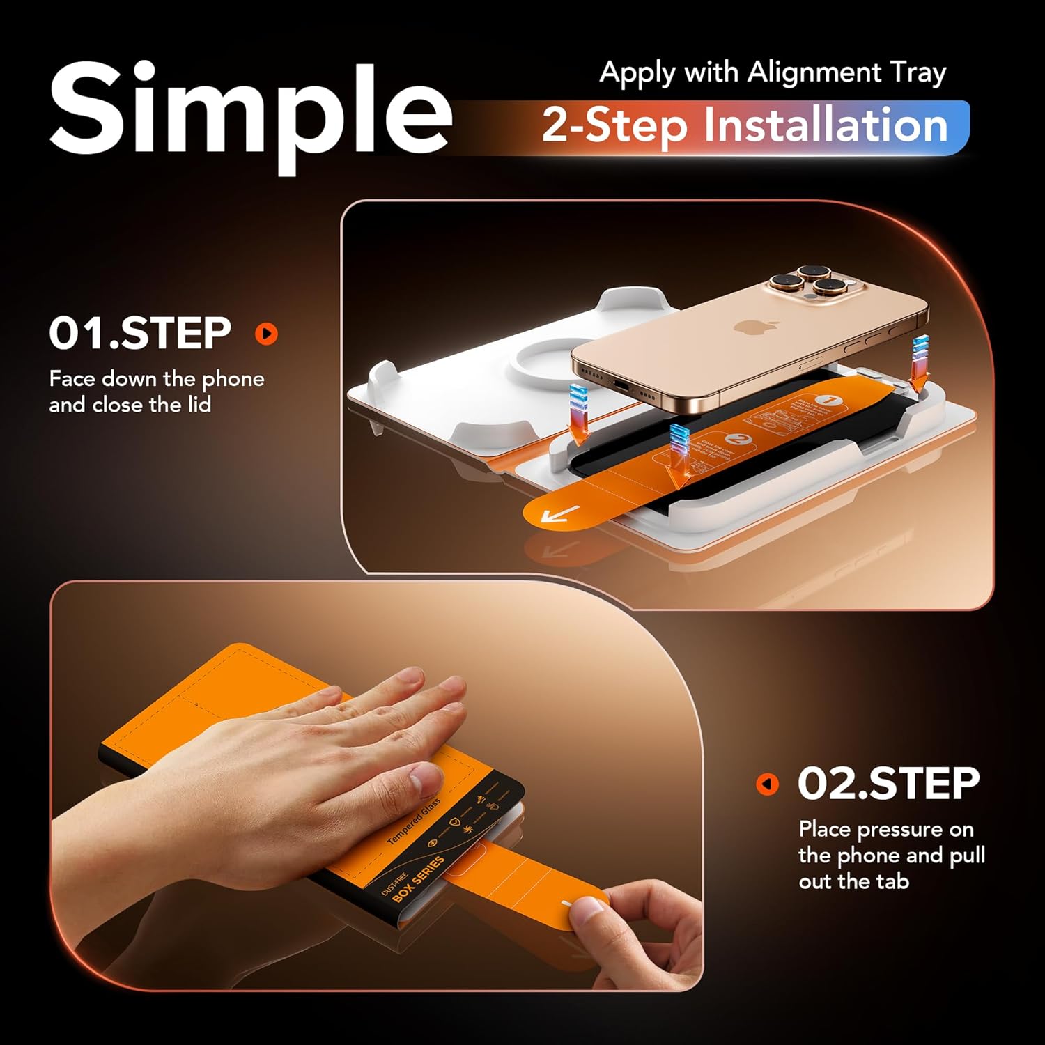 AXYON® EZ-Box Privacy Glass 2-Step Installation – Face Phone Down, Close Lid, Pull Tab. Simple Alignment Tray Included
