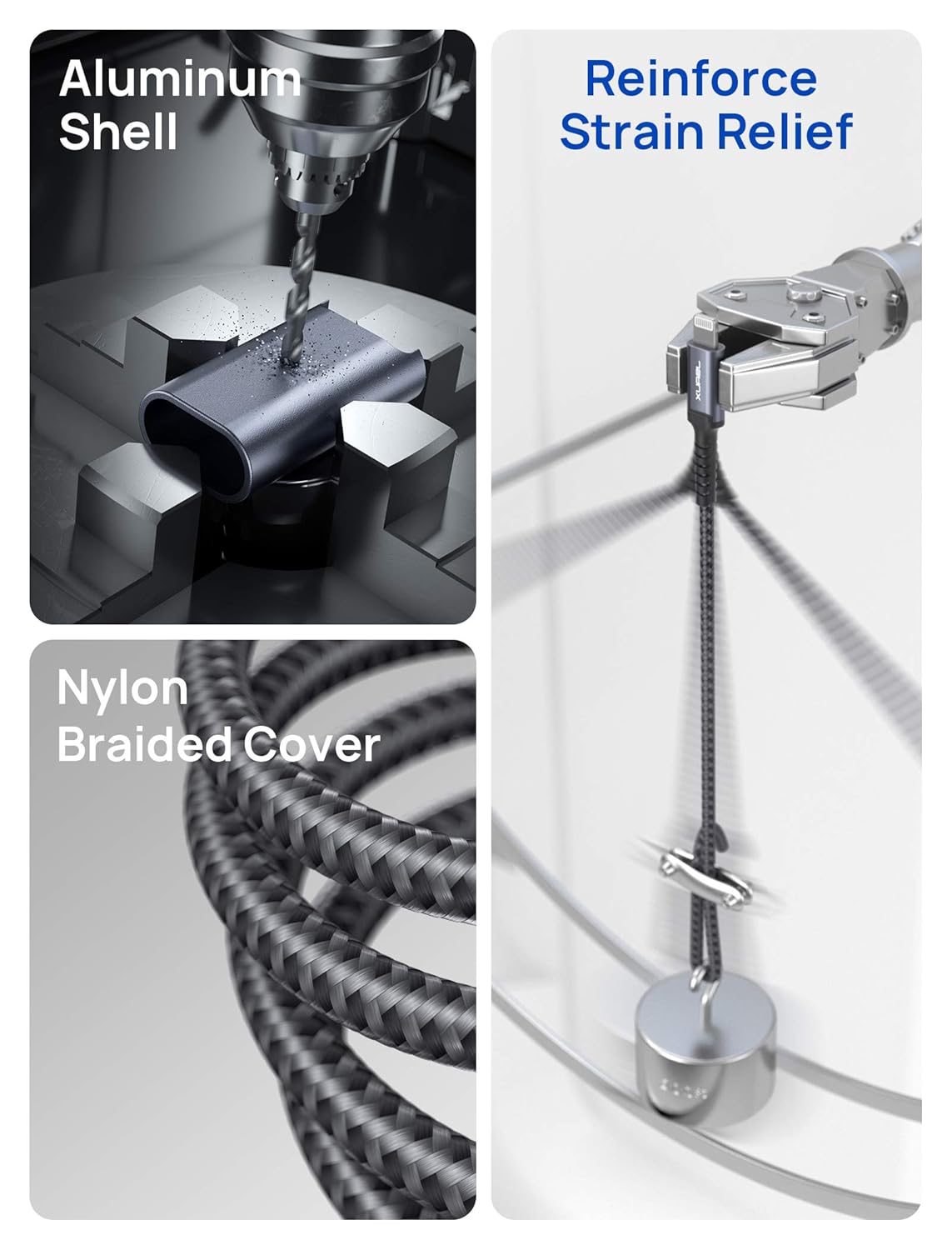 AXYON cable construction features - aluminum shell connectors, reinforced strain relief, and nylon braided cover for durability