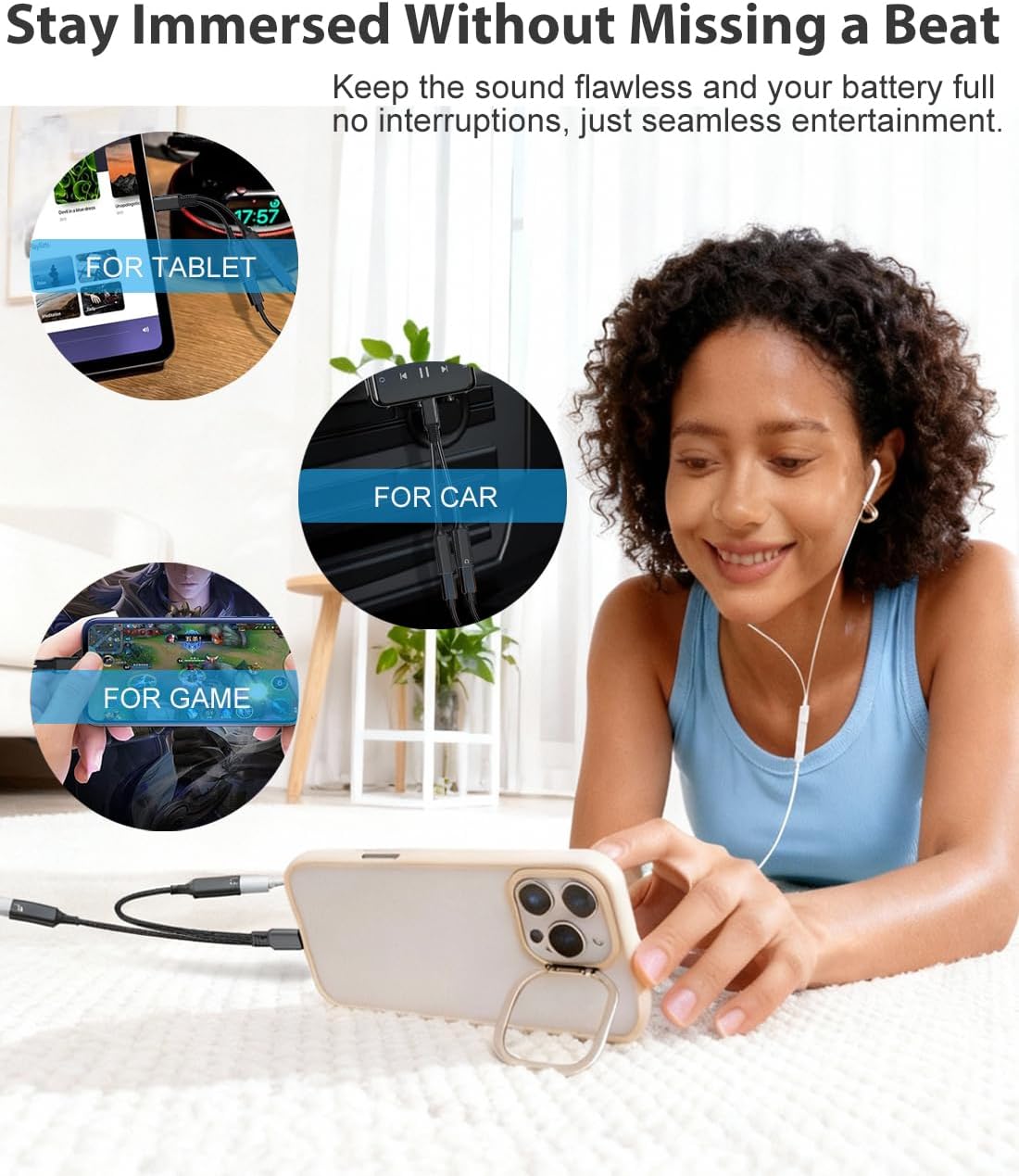 Person listening to music on phone using AXYON USB-C splitter while charging device