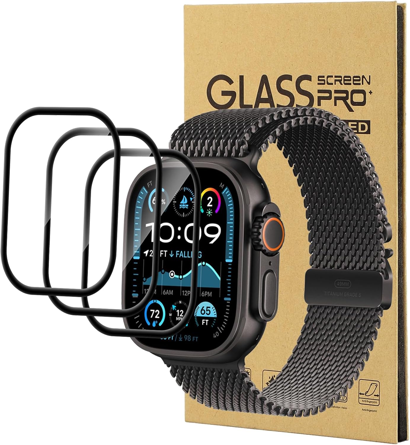 Apple Watch Ultra 49mm with three edge-to-edge ceramic film screen protectors and retail packaging.
