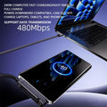 Portable device with cable connected to a laptop, featuring text about fast charging and data transmission.