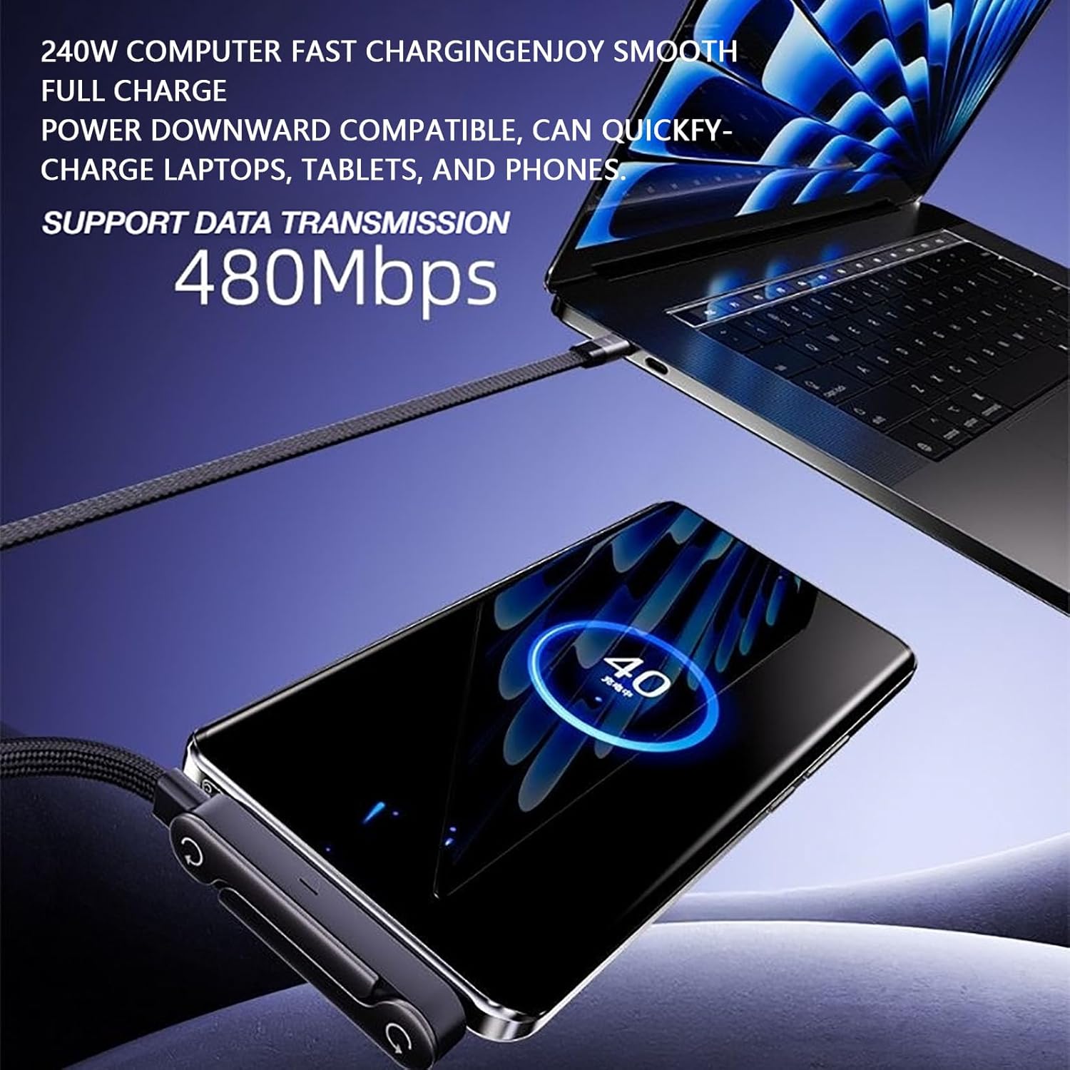 Portable device with cable connected to a laptop, featuring text about fast charging and data transmission.