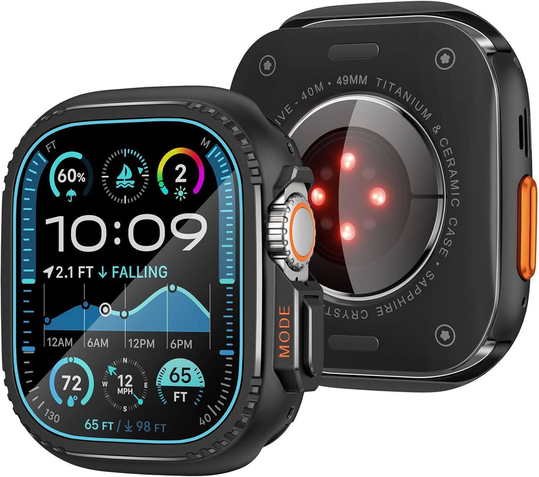 Smartwatch with display showing time and weather information, and back view with camera lens.