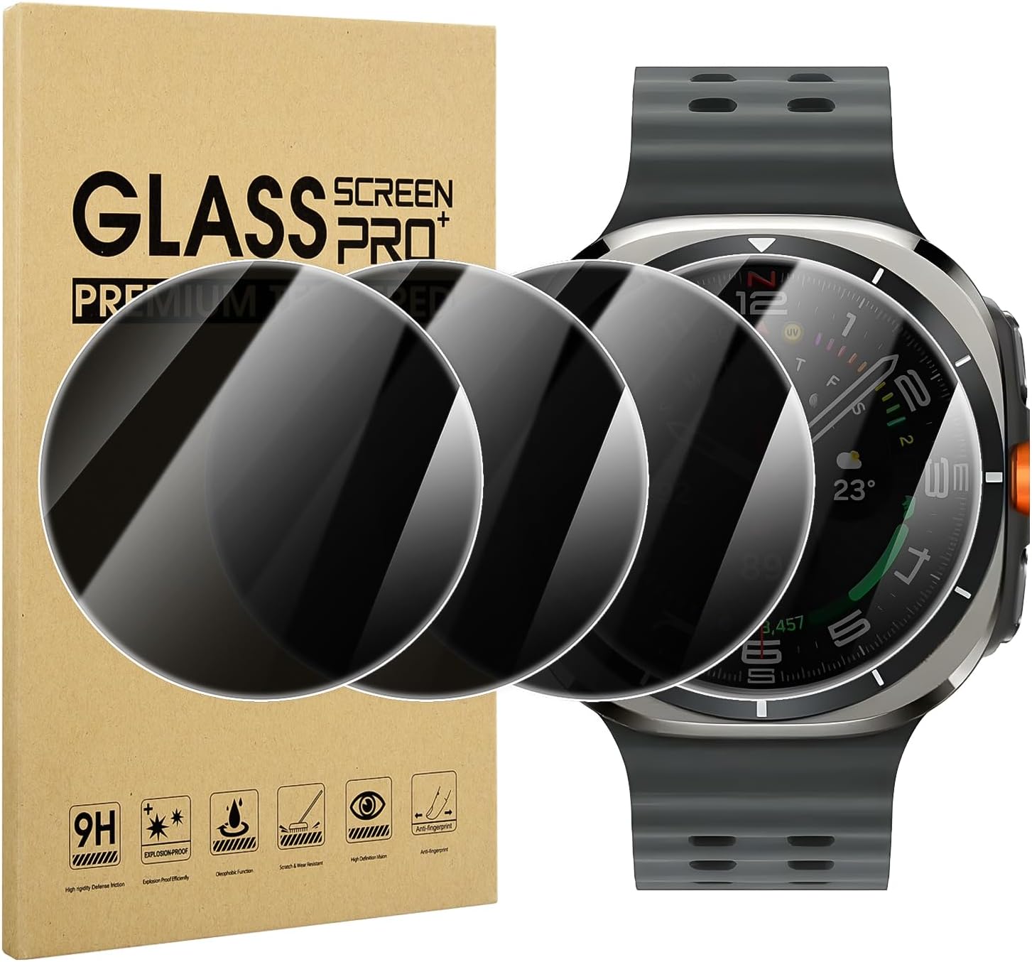 Smartwatch with screen protectors and a packaging box labeled 'Glass Screen Pro+'.