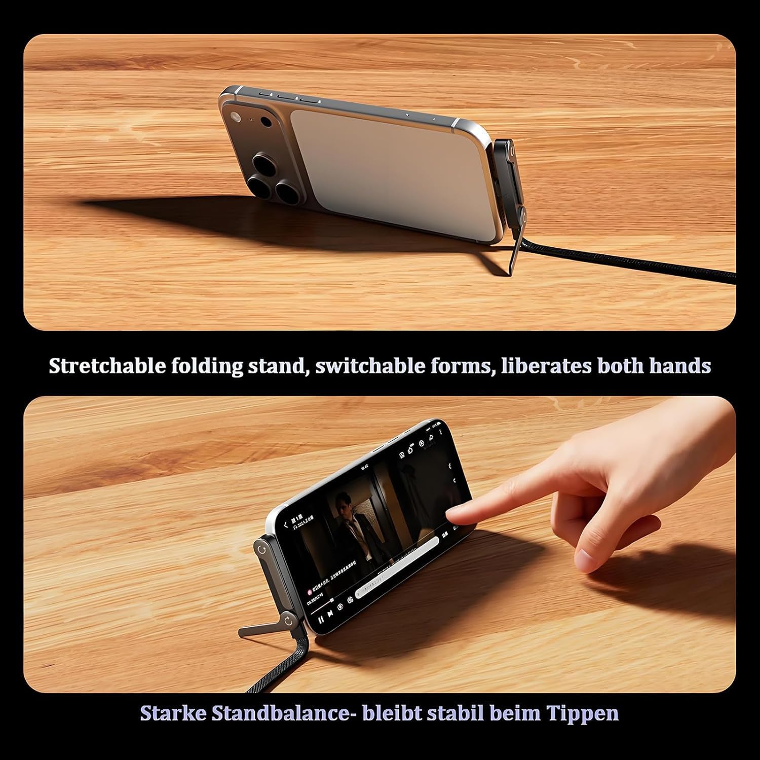 Stretchable folding stand for phone on wooden surface with text describing its features.