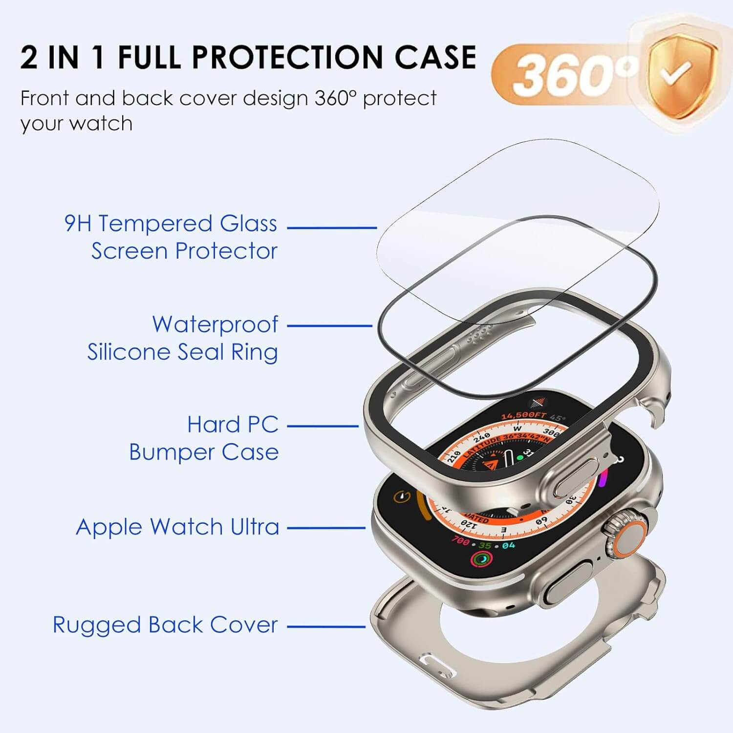 Smartwatch with protective case and screen protector on a white background