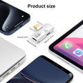A silver USB-C to Lightning adapter shown with dimension labels and surrounded by smartphones to indicate scale. The text 'Product size' appears at the top on a clean white background.