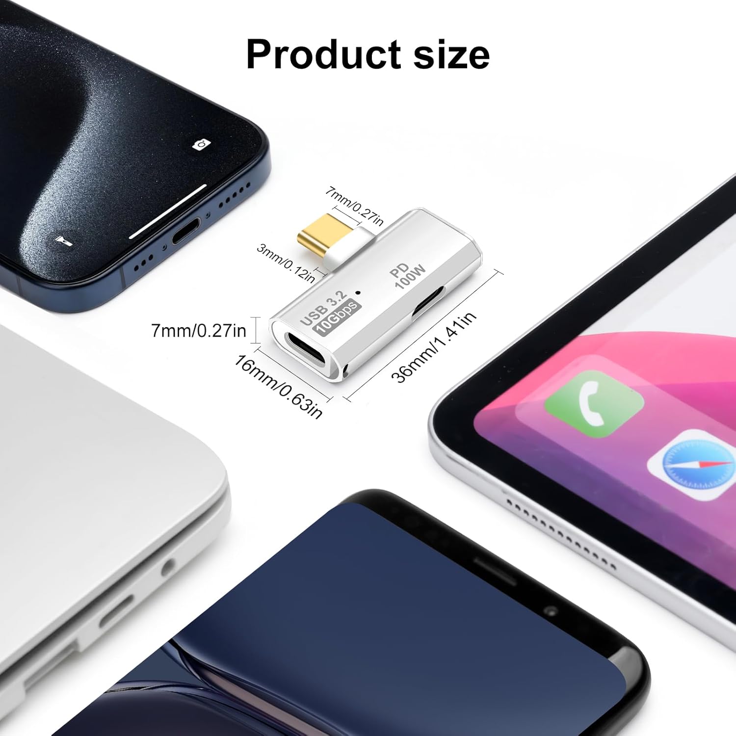 A silver USB-C to Lightning adapter shown with dimension labels and surrounded by smartphones to indicate scale. The text 'Product size' appears at the top on a clean white background.