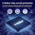 E-Maker chip with circuit board background and compatibility icons for laptops, tablets, and mobile phones.