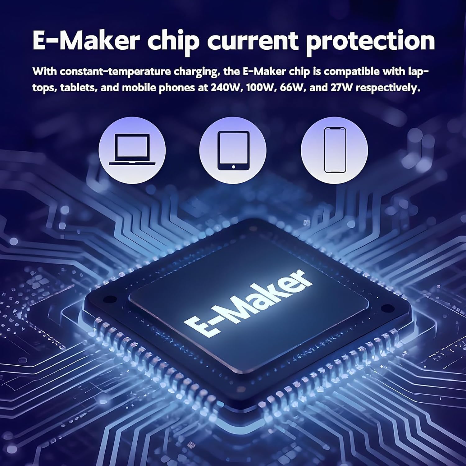 E-Maker chip with circuit board background and compatibility icons for laptops, tablets, and mobile phones.