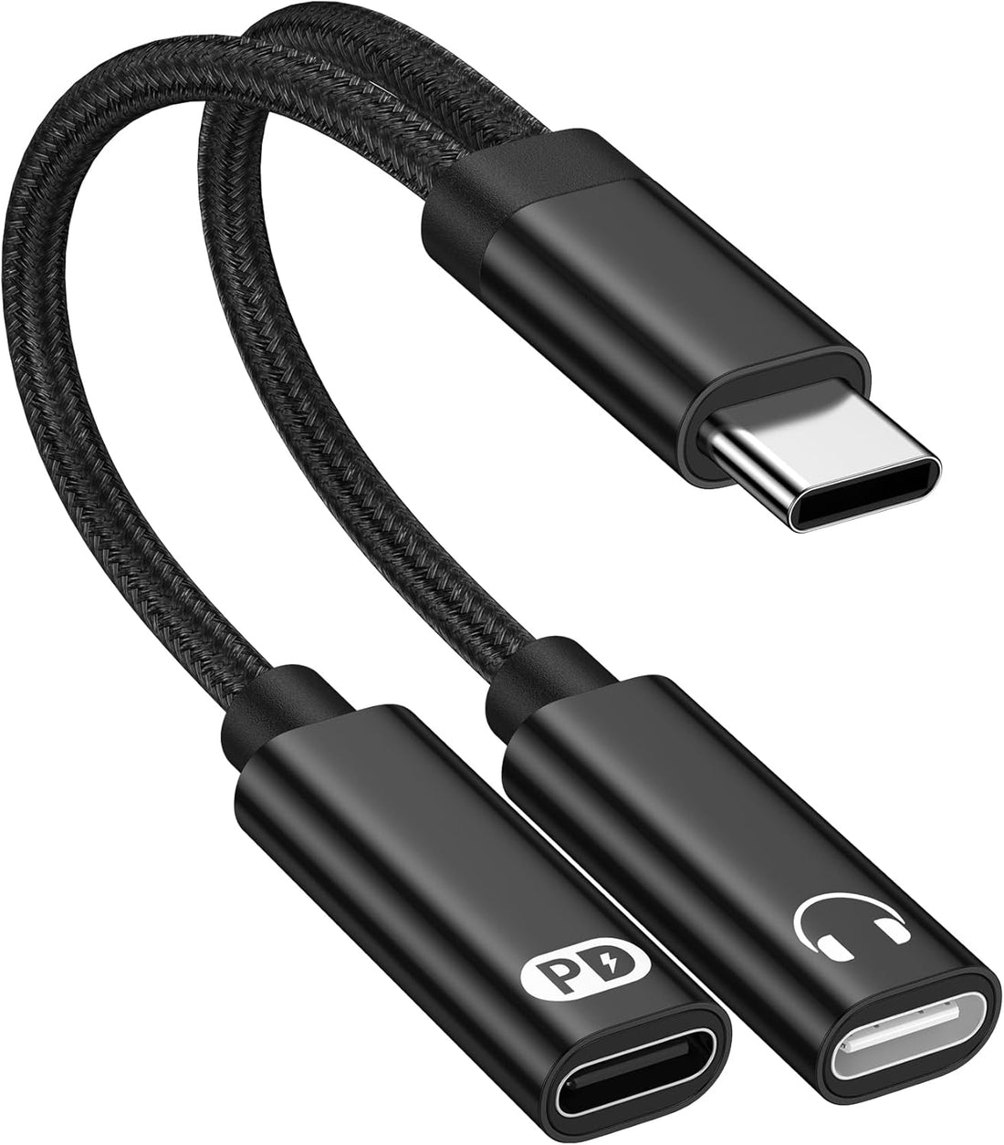 AXYON Dual USB-C Splitter in black aluminum featuring 60W PD fast charging and headphone audio ports.