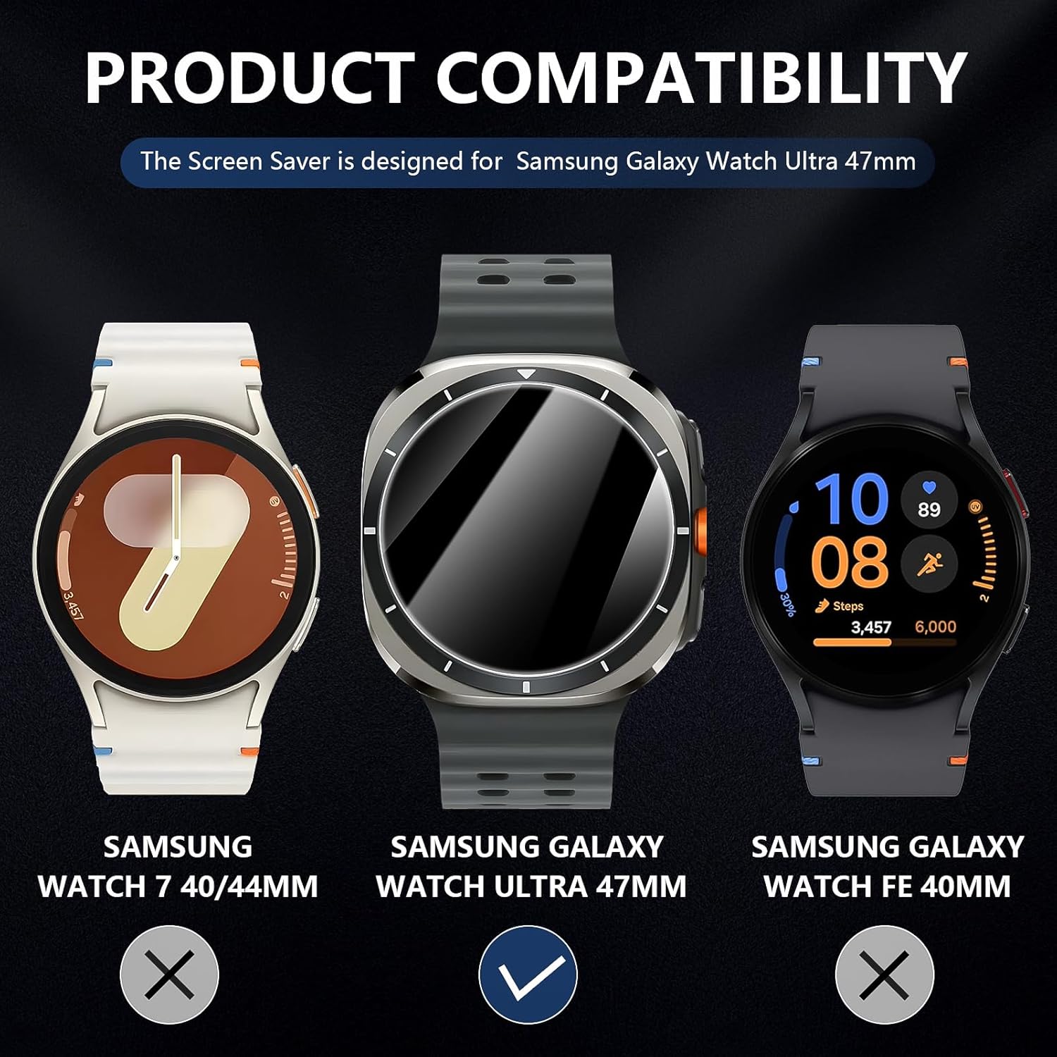 Product compatibility chart for Samsung smartwatches on a dark background