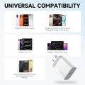 AXYON 30W charger universal compatibility chart showing support for iPhone 7-17, iPad Pro, MacBook and Samsung Galaxy devices