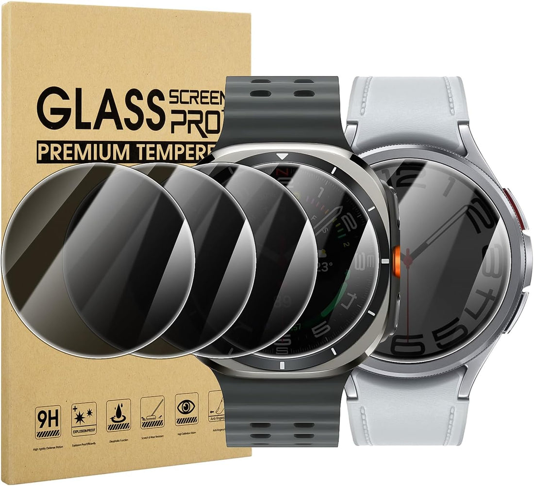 Smartwatch with screen protectors and a box labeled 'Glass Screen Pro' on a white background