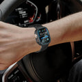 Smartwatch on a wrist with a car interior background