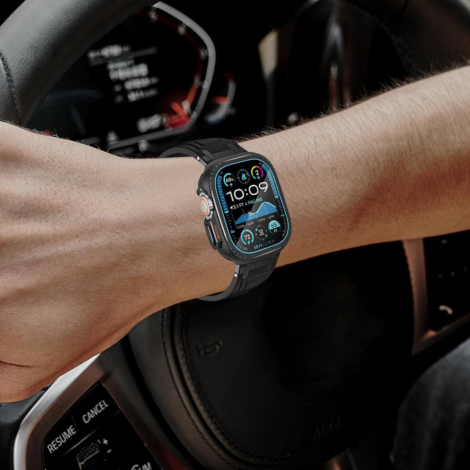 Smartwatch on a wrist with a car interior background