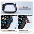 Smartwatch with integrated rugged crown and separating crown design comparison on a light blue background.