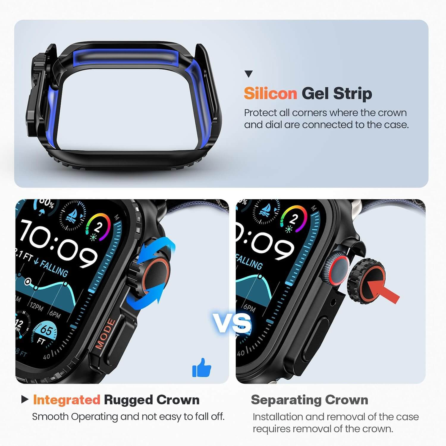 Smartwatch with integrated rugged crown and separating crown design comparison on a light blue background.