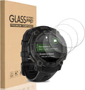 Garmin Instinct 3 smartwatch with three floating layers of AXYON premium tempered glass screen protector and retail packaging box.