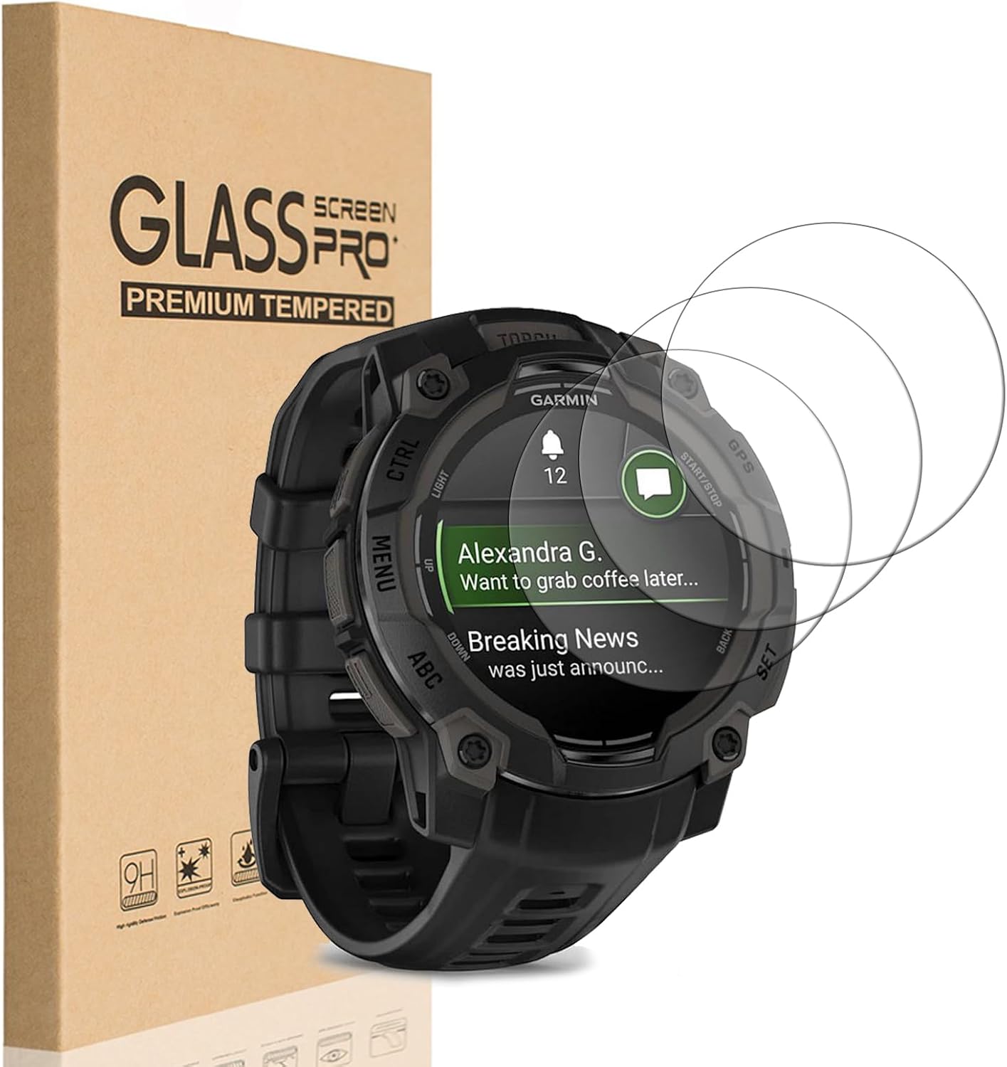 Garmin Instinct 3 smartwatch with three floating layers of AXYON premium tempered glass screen protector and retail packaging box.