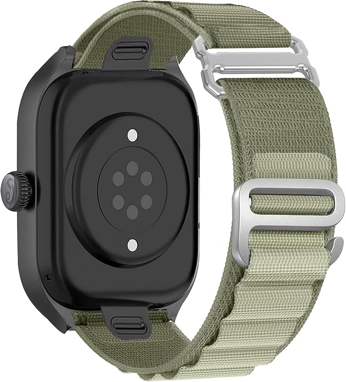An olive green tactical nylon watch band with silver metal hardware, shown attached to a black smartwatch on a plain white background.